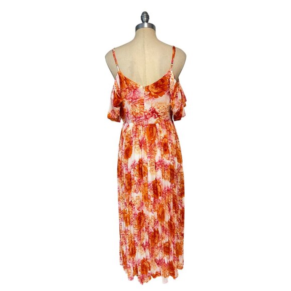 Dalia Macphee Orange Floral Cold Shoulder Floral Pleated Midi Dress Small - Picture 4 of 7